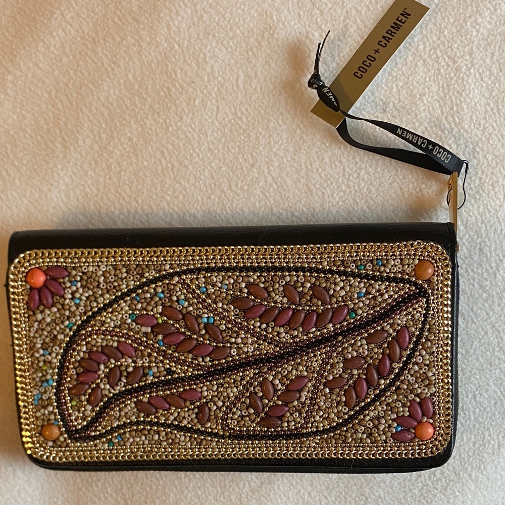 Coco + Carmen Black Clutch with Gold and Red Beadwork NWT